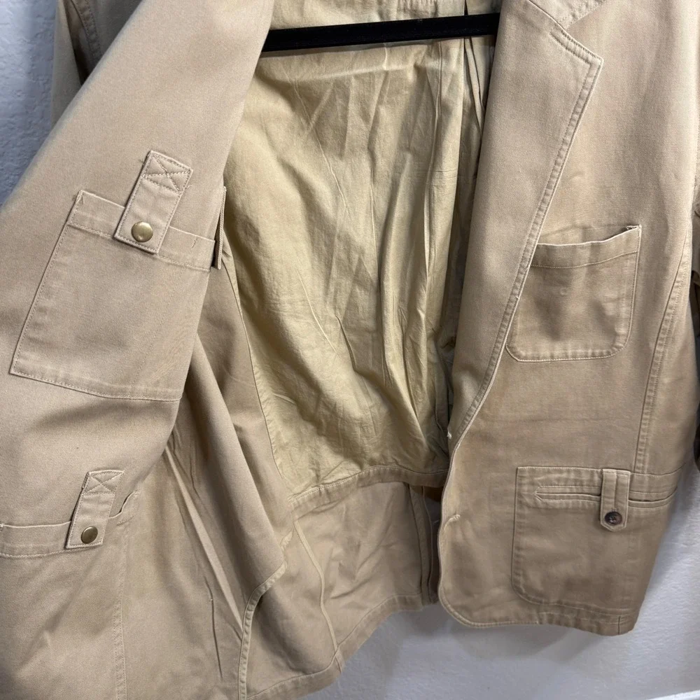 Duluth Trading Co Mens 2XL Khaki Cotton Canvas Blazer Chore Coat Elbow Patches